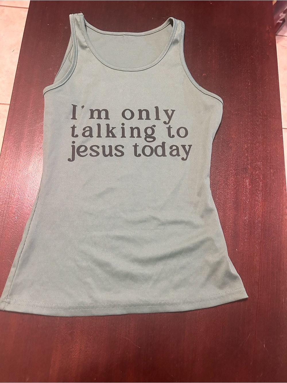 Ribbed Sleeveless Tank Top - Sage Green with Script Graphic